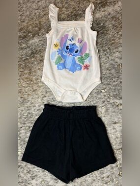 5 for $25🔥Disney Stitch Bodysuit & Black Shein Shorts‎ Baby Girl 6-9 Months